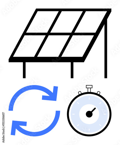 Solar panel blue recycling arrows, and stopwatch. Ideal for sustainability, renewable energy, time efficiency, ecological conservation, green technology, modern innovations, environmental