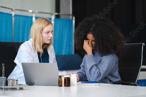 Stressed patient are treated by a psychologist or doctor in a psychiatric clinic. Patients reported symptoms of depression, stress, irritability, and life problems photo