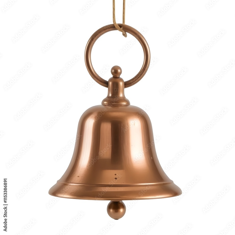 A copper bell with a ring on top, hanging against a white background A copper bell with a ring on top, hanging against a white background