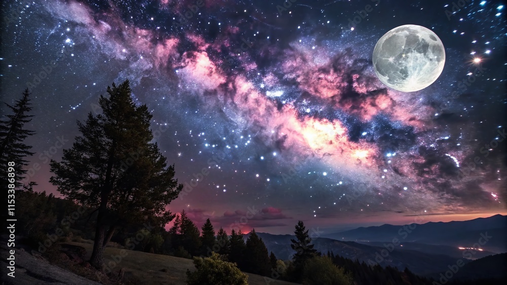 Naklejka premium Surreal Night Sky: Dreamlike Moon and Starry Galaxy Photography