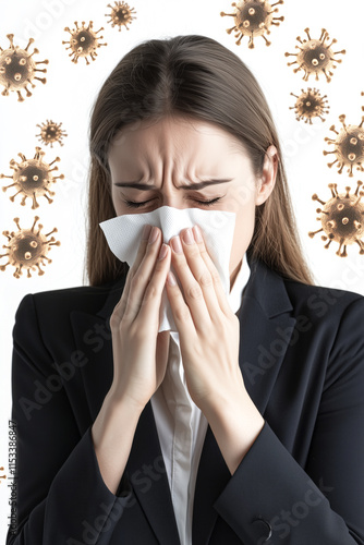 Businesswoman in Suit Blowing Nose with Tissue, Surrounded by Glowing Viruses photo