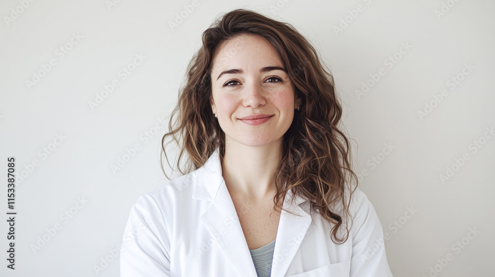 Caring Male Doctor with White Coat Helping a Smiling Female Patient Caring Male Doctor with White Coat Helping a Smiling Female Patient