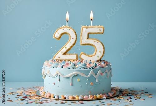 A birthday cake with the number 25 on it, surrounded by confetti against a light blue background