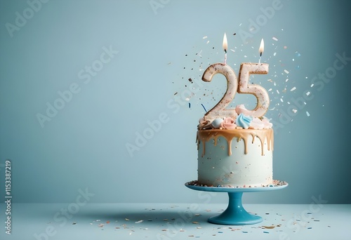 A birthday cake with the number 25 on it, surrounded by confetti against a light blue background