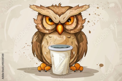  Cute cartoon owl holding oversized coffee cup, vibrant and funny morning art. photo