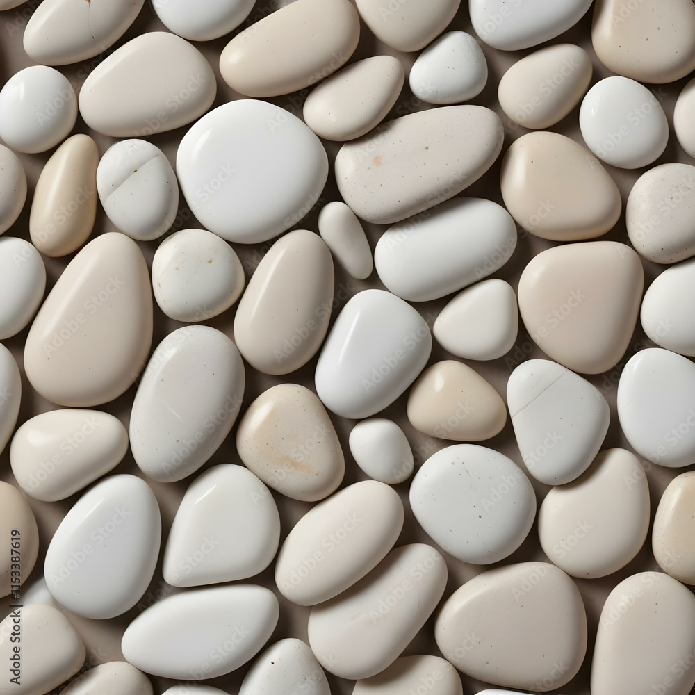 Polished white river stones of various sizes arranged in a natural pattern Polished white river stones of various sizes arranged in a natural pattern