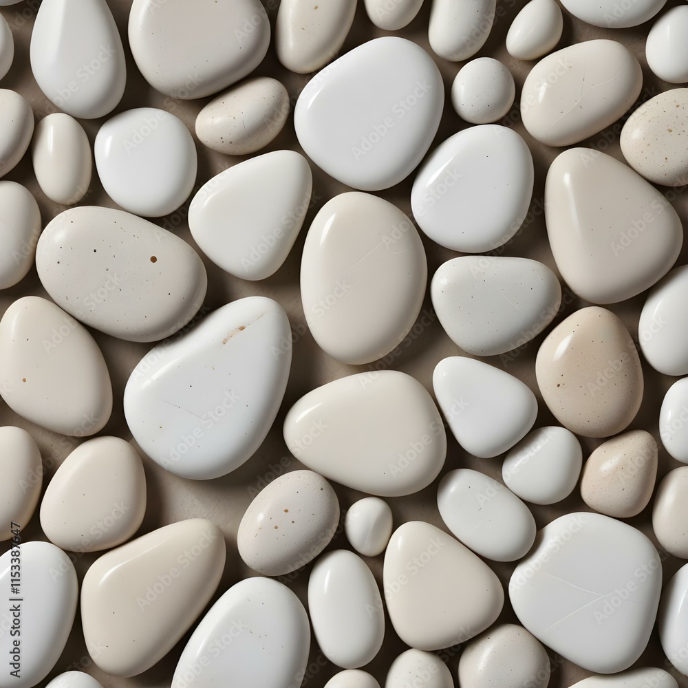 Polished white river stones of various sizes arranged in a natural pattern Polished white river stones of various sizes arranged in a natural pattern
