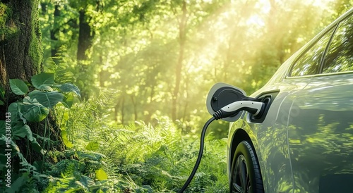Photo of an electric car charging in an eco-friendly environment, with green trees and sunlight blurred in the background.