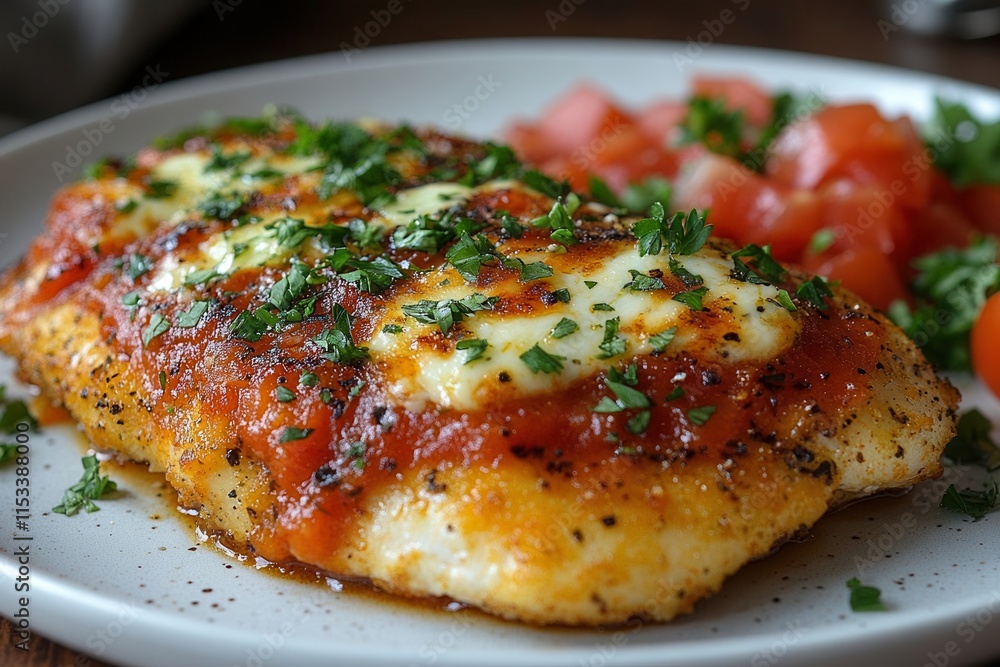 a delectable breaded chicken cutlet generously topped with rich marinara sauce and melted mozzarella garnished with fresh parsley on a pristine white plate evoking culinary delight a delectable breaded chicken cutlet generously topped with rich marinara sauce and melted mozzarella garnished with fresh parsley on a pristine white plate evoking culinary delight