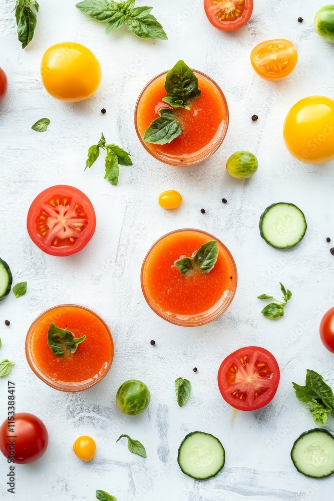 Glasses of refreshing tomato gazpacho soup are garnished with basil leaves, surrounded by fresh tomatoes, cucumbers, and spices on a white background, vertical Glasses of refreshing tomato gazpacho soup are garnished with basil leaves, surrounded by fresh tomatoes, cucumbers, and spices on a white background, vertical