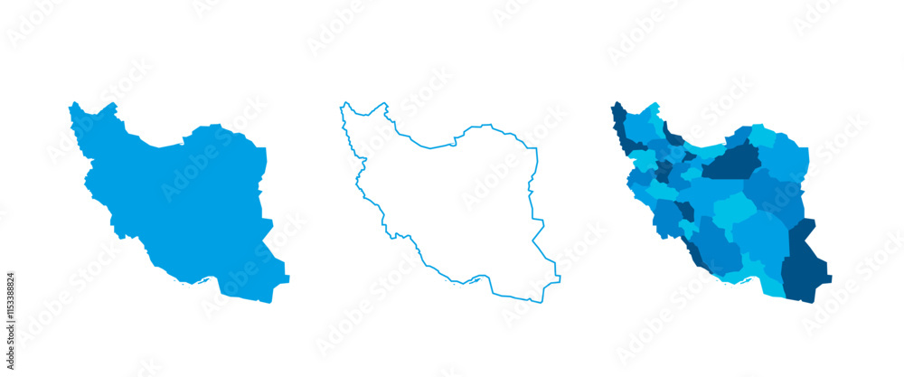 Naklejka premium Iran set of three maps - solid map, outline map and map highlighting administrative divisions. Three distinct maps illustrate various representations of a geographical area.