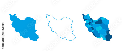 Iran set of three maps - solid map, outline map and map highlighting administrative divisions. Three distinct maps illustrate various representations of a geographical area.