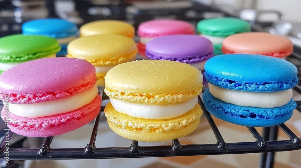 Fototapeta premium Colorful Macarons Arranged On A Cooling Rack