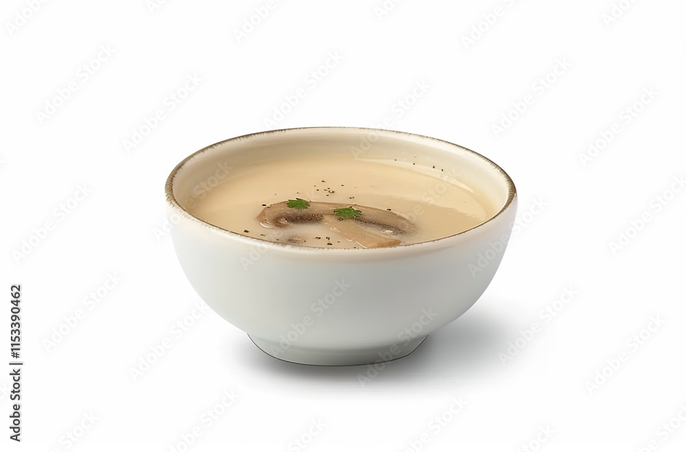 Mysterious Possibilities, Catalina de la Coca formulates suspects, a still life food product shot of cream of mushroom soup with herbs in a white bowl on an isolated background Mysterious Possibilities, Catalina de la Coca formulates suspects, a still life food product shot of cream of mushroom soup with herbs in a white bowl on an isolated background