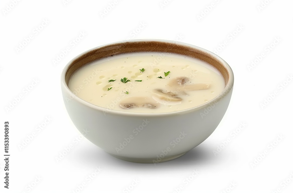 Mysterious Possibilities, Catalina de la Coca formulates suspects, a still life food product shot of cream of mushroom soup with herbs in a white bowl on an isolated background Mysterious Possibilities, Catalina de la Coca formulates suspects, a still life food product shot of cream of mushroom soup with herbs in a white bowl on an isolated background