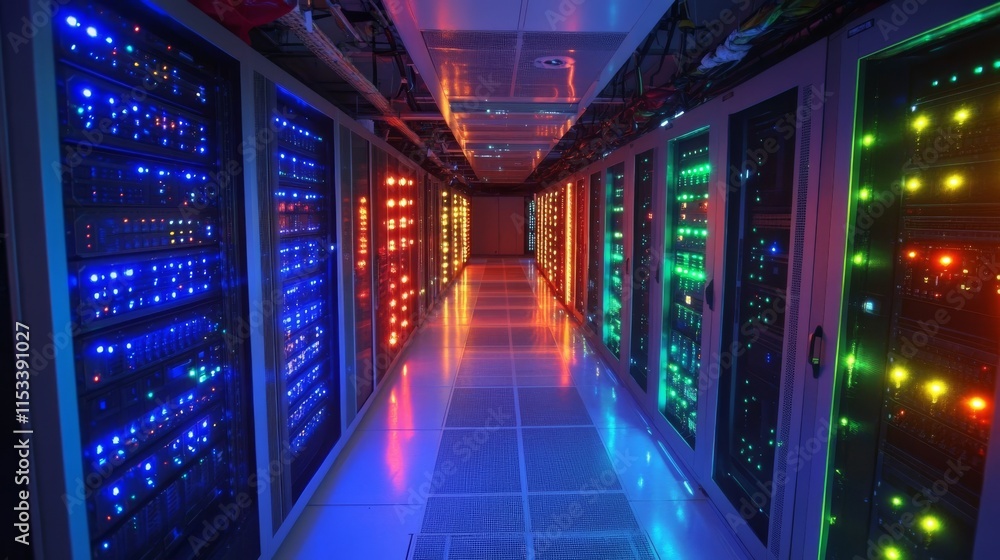 Fototapeta premium A vibrant server room filled with multi-colored neon lights reflecting off sleek data racks, creating a futuristic ambiance. This image conveys advanced technology and the dynamic nature of data
