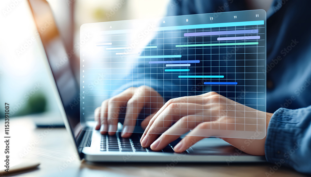 Project Management Gantt Chart on Laptop, Scheduling and Workflow Planning Online, Laptop with Project Timeline Visualization Project Management Gantt Chart on Laptop, Scheduling and Workflow Planning Online, Laptop with Project Timeline Visualization