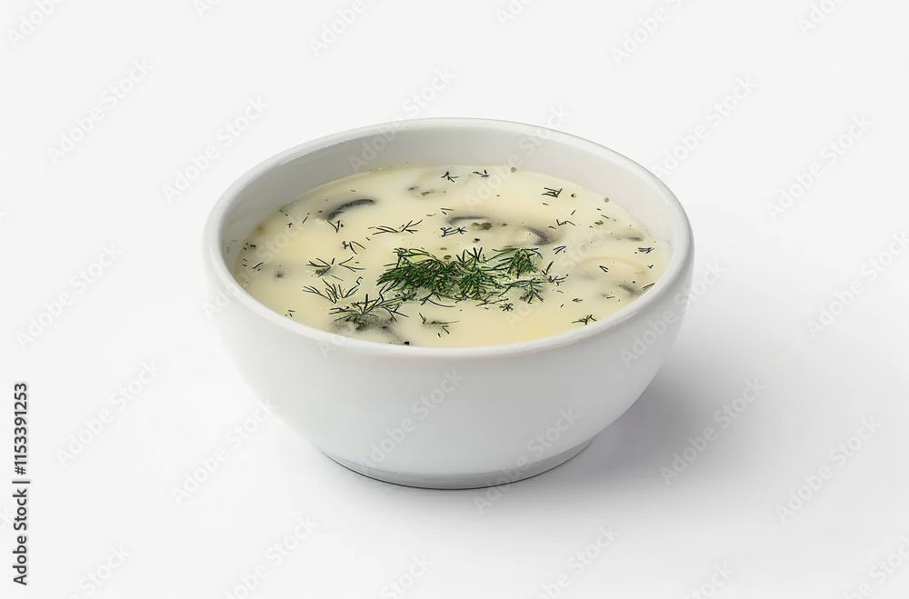 Mysterious Possibilities, Catalina de la Coca formulates suspects, a still life food product shot of cream of mushroom soup with herbs in a white bowl on an isolated background Mysterious Possibilities, Catalina de la Coca formulates suspects, a still life food product shot of cream of mushroom soup with herbs in a white bowl on an isolated background