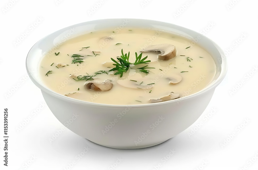 Mysterious Possibilities, Catalina de la Coca formulates suspects, a still life food product shot of cream of mushroom soup with herbs in a white bowl on an isolated background Mysterious Possibilities, Catalina de la Coca formulates suspects, a still life food product shot of cream of mushroom soup with herbs in a white bowl on an isolated background