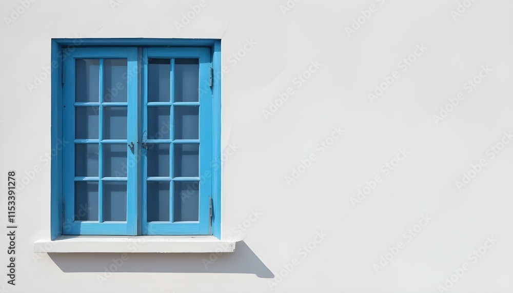 Obraz premium A blue wooden window with a white wall background