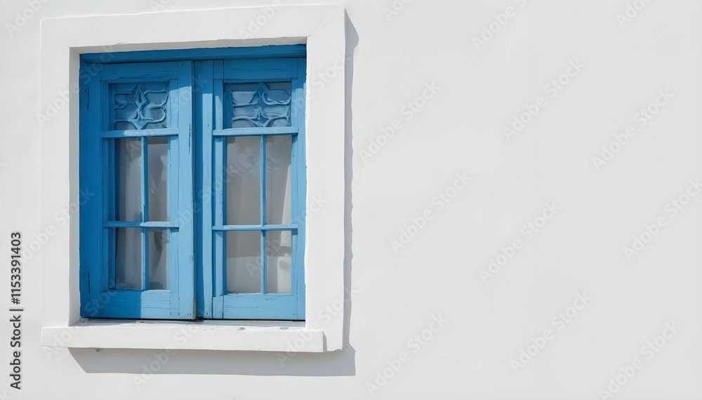 A blue wooden window with a white wall background A blue wooden window with a white wall background