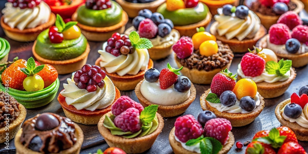 Aerial View of Assorted Gourmet Mini Desserts with Various Toppings - Drone Photography Aerial View of Assorted Gourmet Mini Desserts with Various Toppings - Drone Photography