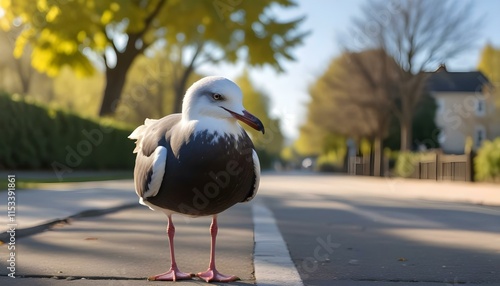 A close-up of a black and white seagull standing on a paved surface , with a blurred background of trees and sunlight photo