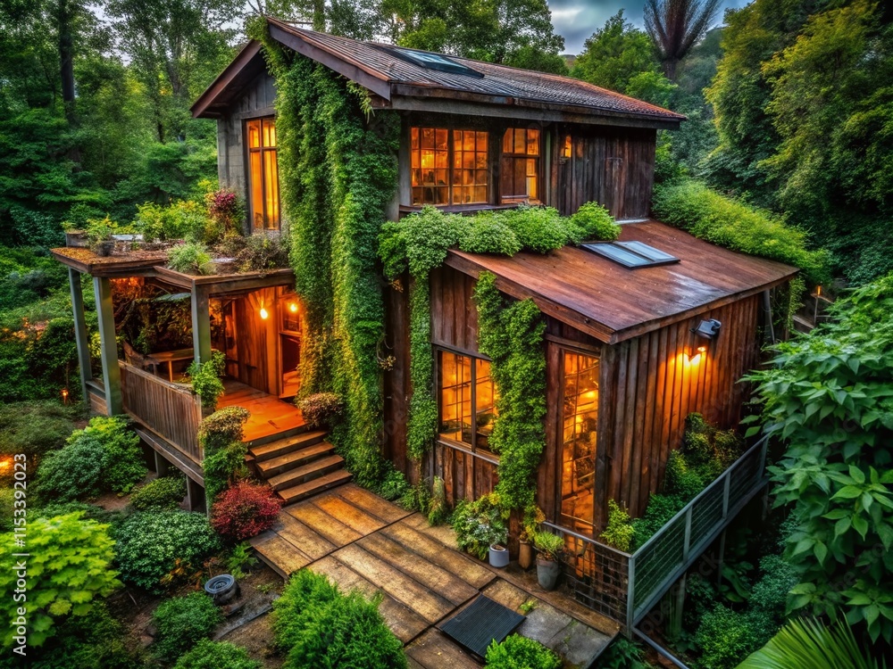 Naklejka premium Sustainable Cabin Home: Urban Exploration Photography - Eco-Friendly Off-Grid Retreat