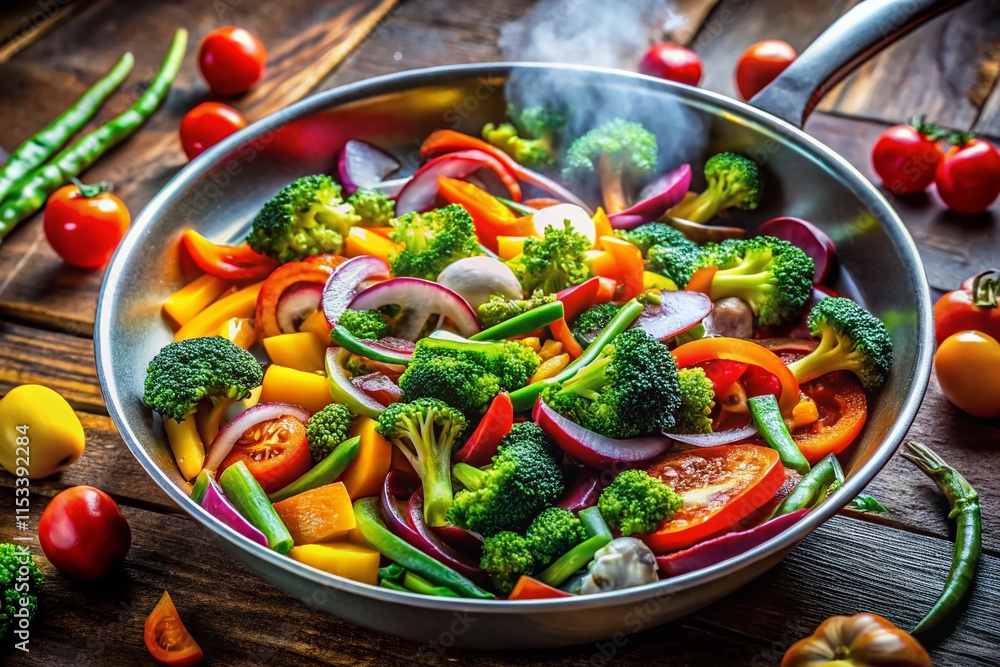 Aerial View of Colorful Vegetables Sizzling in Cooking Oil Aerial View of Colorful Vegetables Sizzling in Cooking Oil