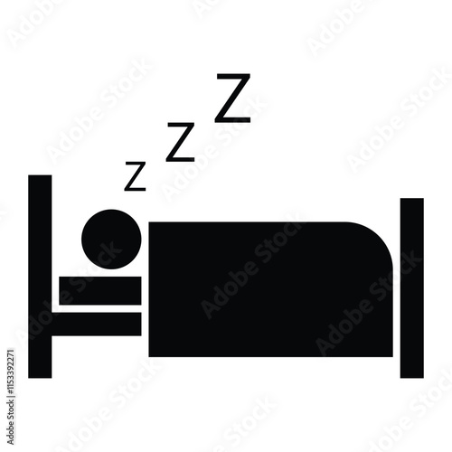 Sleep vector icon. Overnight stay and hotel symbol for rest, relaxation, and accommodation design. Person sleeping on bed. Black silhouette isolated on white background.
