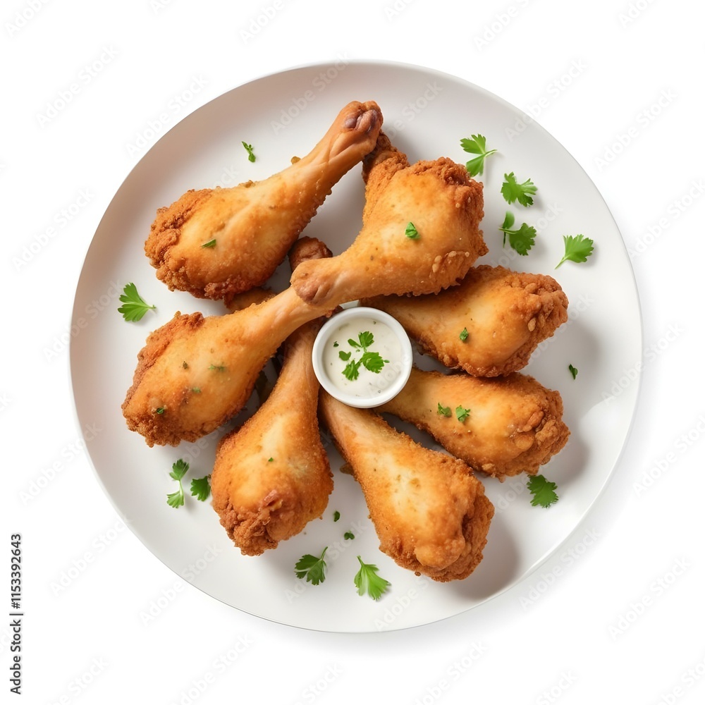 Breaded and fried chicken drumsticks on a white plate, garnished with parsley
