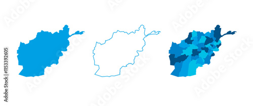Afghanistan set of three maps - solid map, outline map and map highlighting administrative divisions. Three distinct maps illustrate various representations of a geographical area.