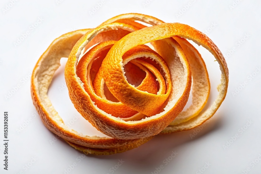 Fototapeta premium Swirly Dried Orange Peel, Top View, Isolated White Background, Low Light Photography
