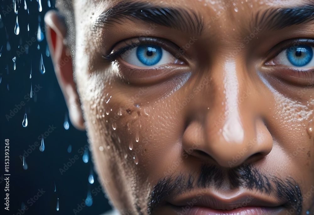 A close-up portrait of a middle-aged Black man with striking blue eyes, her face partially obscured by water droplets against a blurred background A close-up portrait of a middle-aged Black man with striking blue eyes, her face partially obscured by water droplets against a blurred background