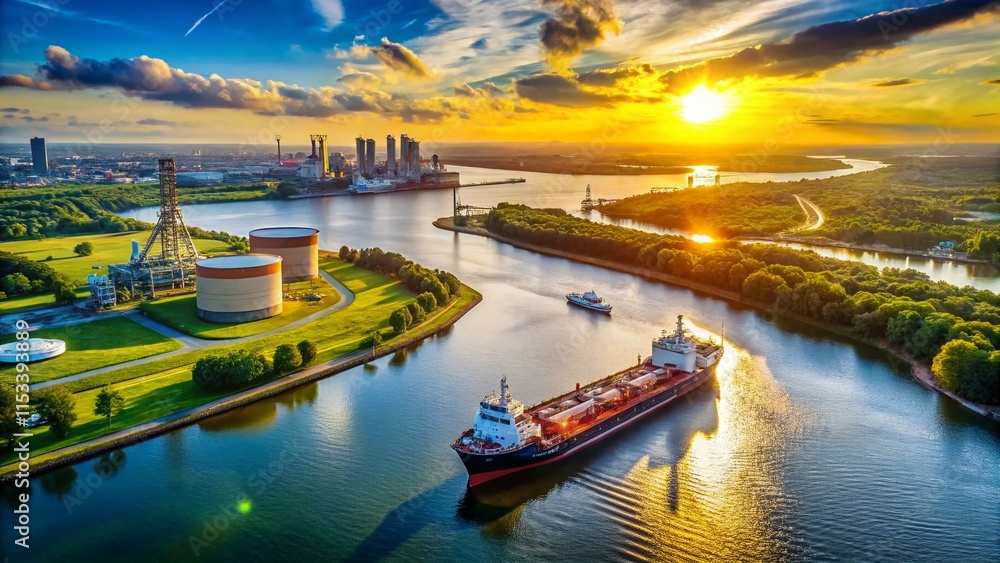 Fototapeta premium Aerial View of Oil & Gas Tankers on River, Global Energy Logistics Transportation