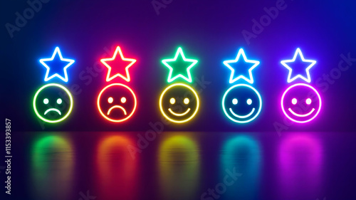 Neon Customer Satisfaction . Glowing Feedback And Rating, Contemporary Rating System with Neon Stars and Emotions .Survey ,Review ,service experience ,Business Growth ,Improvisation ,Approach ,5-star
