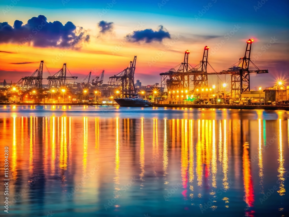 Fototapeta premium Thessaloniki Port Evening Panorama: East-West Cityscape with Industrial Cranes