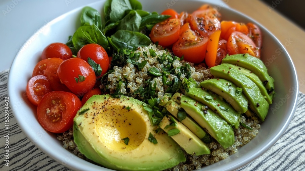 Healthy Quinoa Bowl with Avocado Tomatoes and Spinach Healthy Quinoa Bowl with Avocado Tomatoes and Spinach