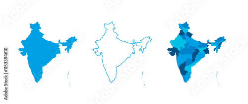 India set of three maps - solid map, outline map and map highlighting administrative divisions. Three distinct maps illustrate various representations of a geographical area.