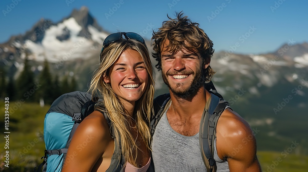 Happy hikers smiling in the mountains Happy hikers smiling in the mountains