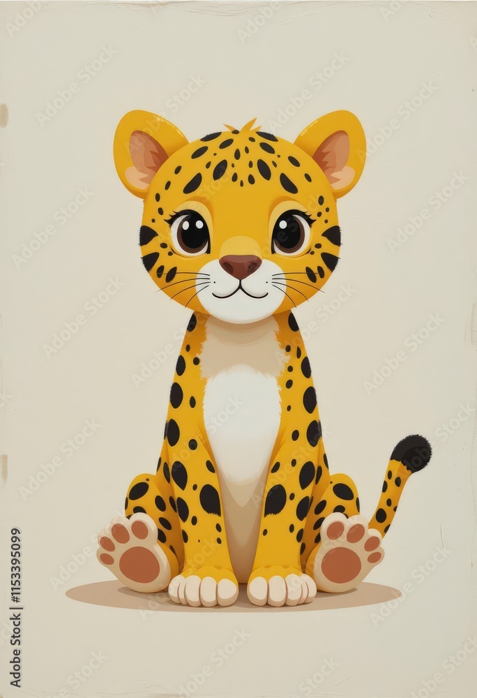 Obraz premium Cute cartoon-style baby leopard sitting on a plain background.