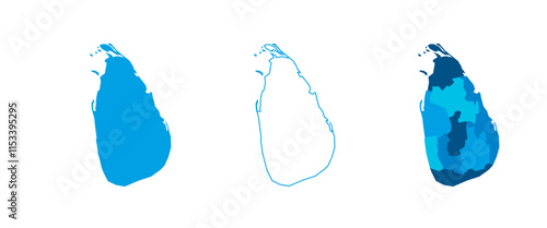Sri Lanka set of three maps - solid map, outline map and map highlighting administrative divisions. Three distinct maps illustrate various representations of a geographical area.