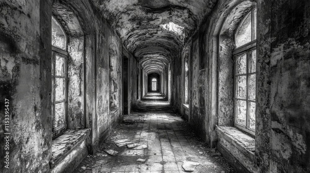 Abandoned Hallway with Broken Windows and Decay Abandoned Hallway with Broken Windows and Decay
