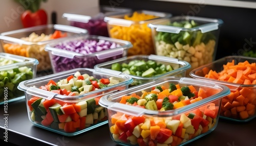 Various colorful chopped vegetables and ingredients in glass containers, suggesting meal prep or healthy eating