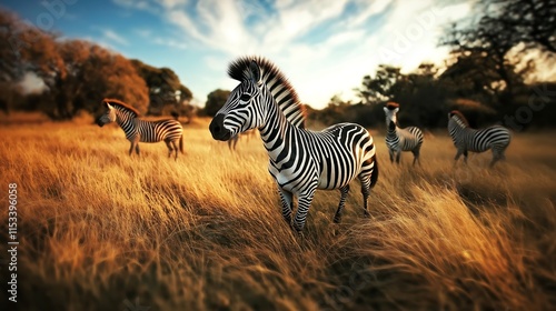 herd of zebras marching confidently through the golden savanna, each flaunting dramatic colorful mohawks photo