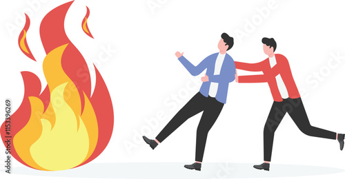 scapegoat,Businessman pushes his companion to block the fire

