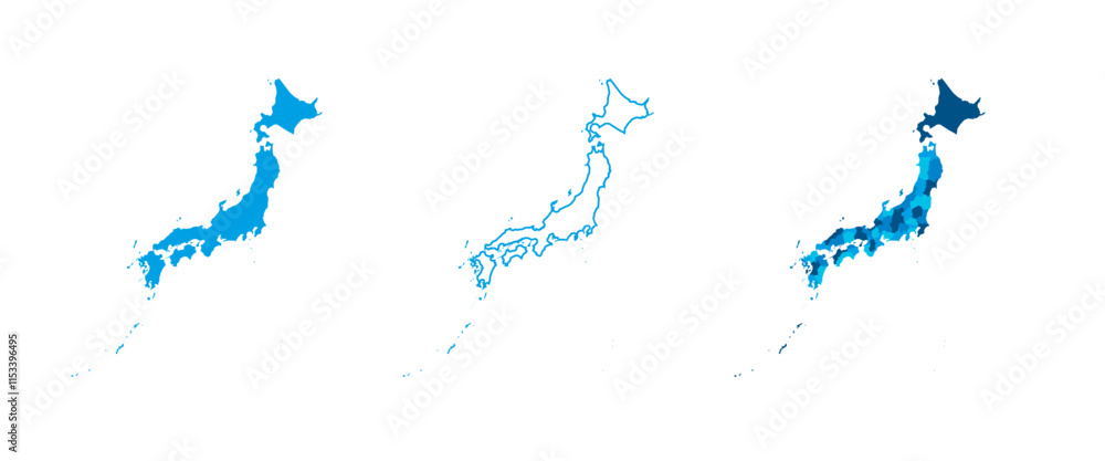 Obraz premium Japan set of three maps - solid map, outline map and map highlighting administrative divisions. Three distinct maps illustrate various representations of a geographical area.