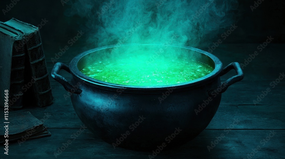 Bubbling cauldron potion brewing dark room fantasy scene mysterious environment close-up view enchantment concept Bubbling cauldron potion brewing dark room fantasy scene mysterious environment close-up view enchantment concept