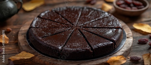 A Jamaican Black Cake with a coating of rum syrup, set on a rustic wooden backdrop with nuts and dried fruits