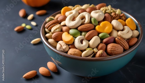 A bowl filled with a variety of nuts including almonds, cashews, walnuts, and pumpkin seeds. The nuts are arranged in a colorful mix against a dark background